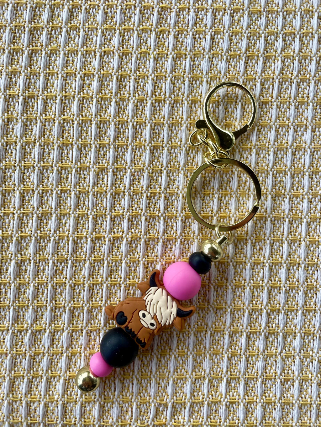 Highland Cow Pink Beaded Charm Keychain