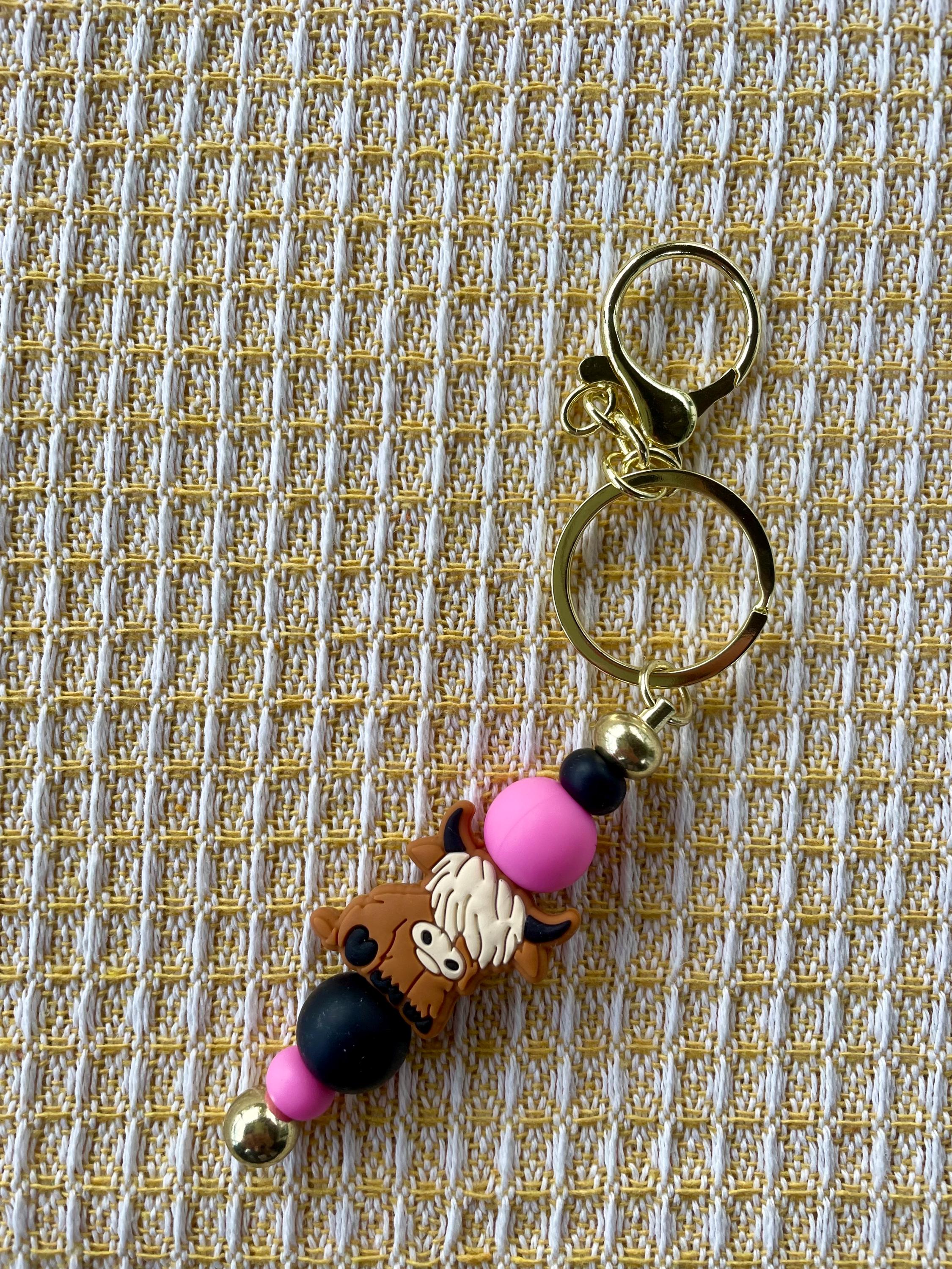 Highland Cow Pink Beaded Charm Keychain