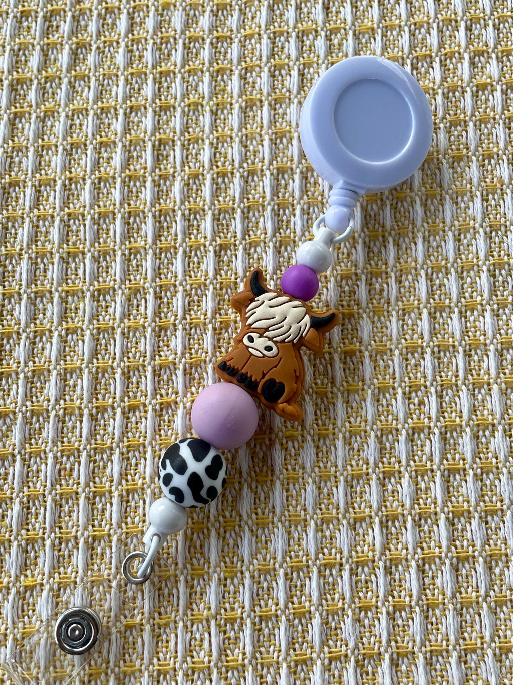 Purple Highland Cow Charm Beaded Badge Reel