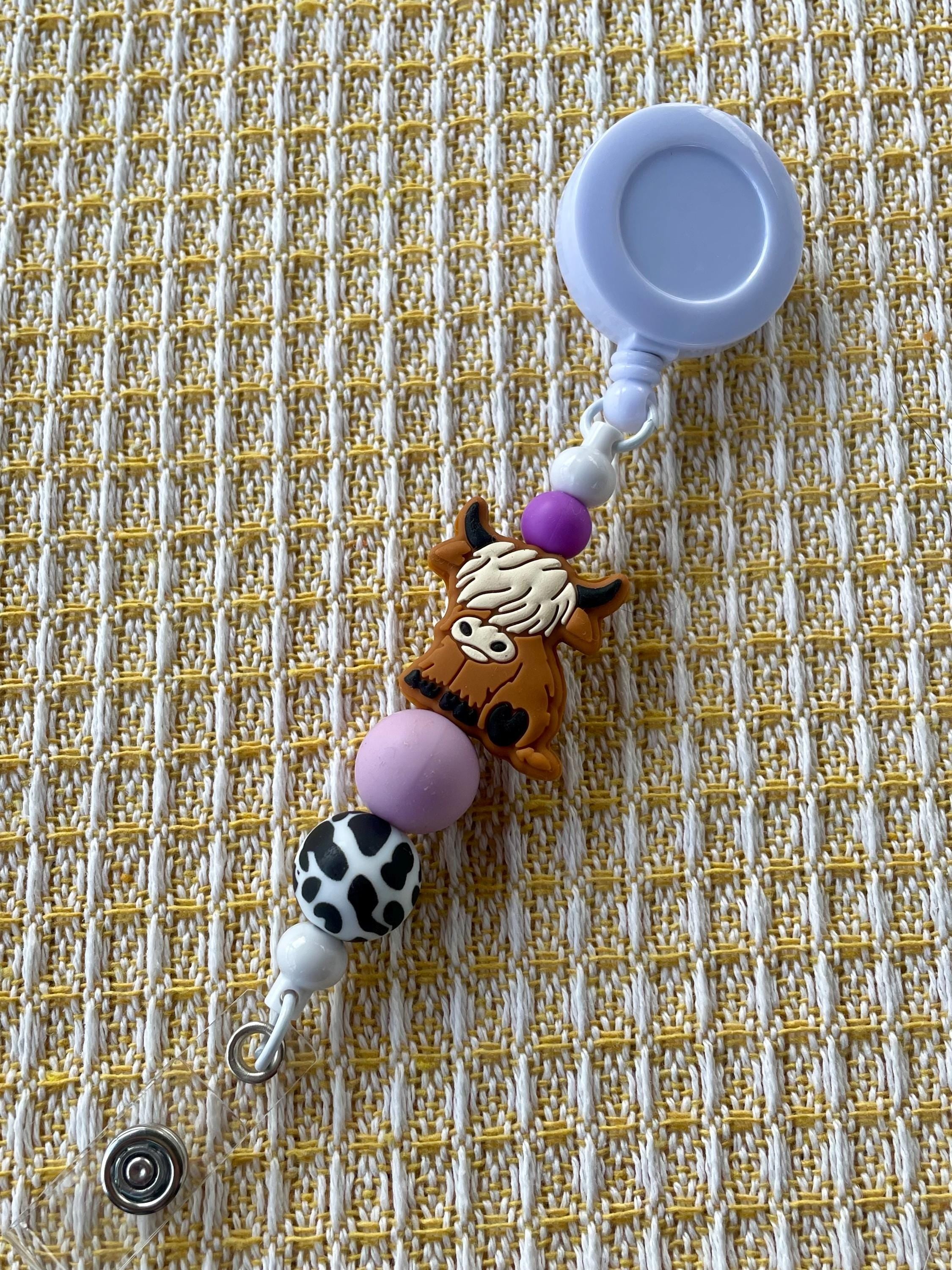 Purple Highland Cow Charm Beaded Badge Reel