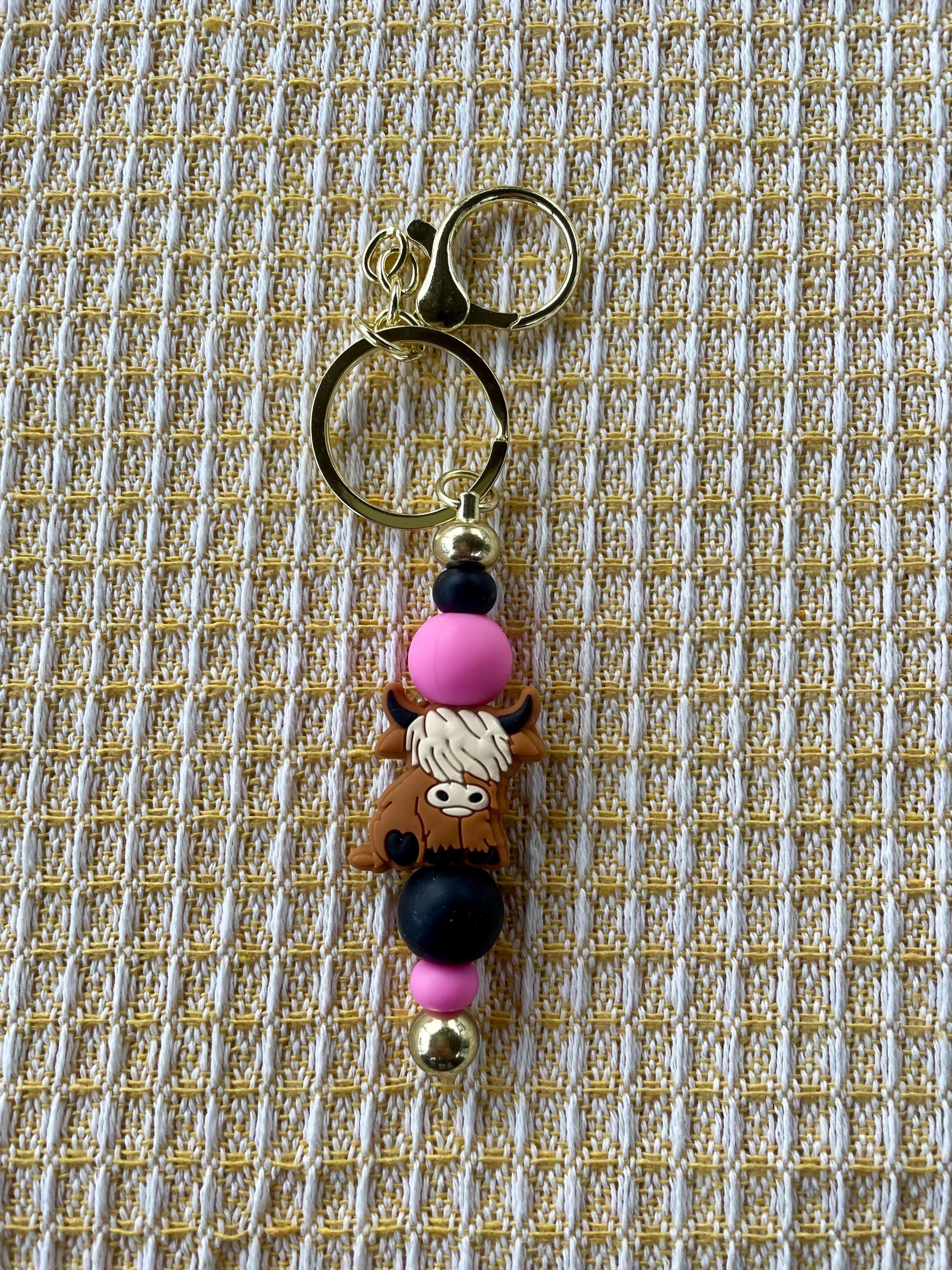 Highland Cow Pink Beaded Charm Keychain