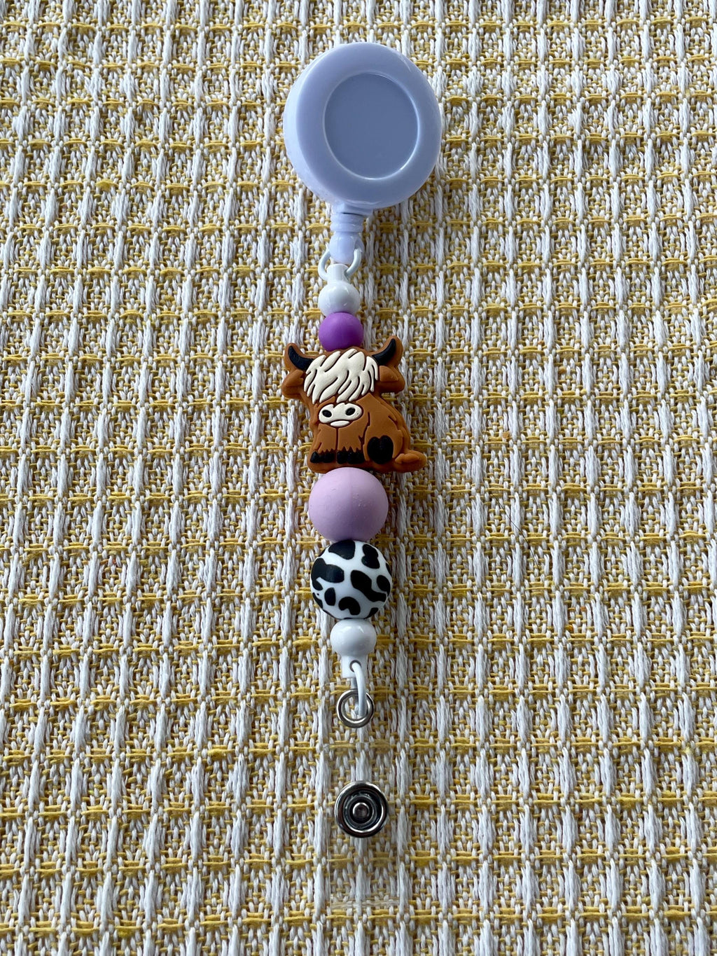 Purple Highland Cow Charm Beaded Badge Reel