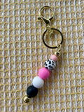 Pink Cowgirl Cow Print Beaded Keychain