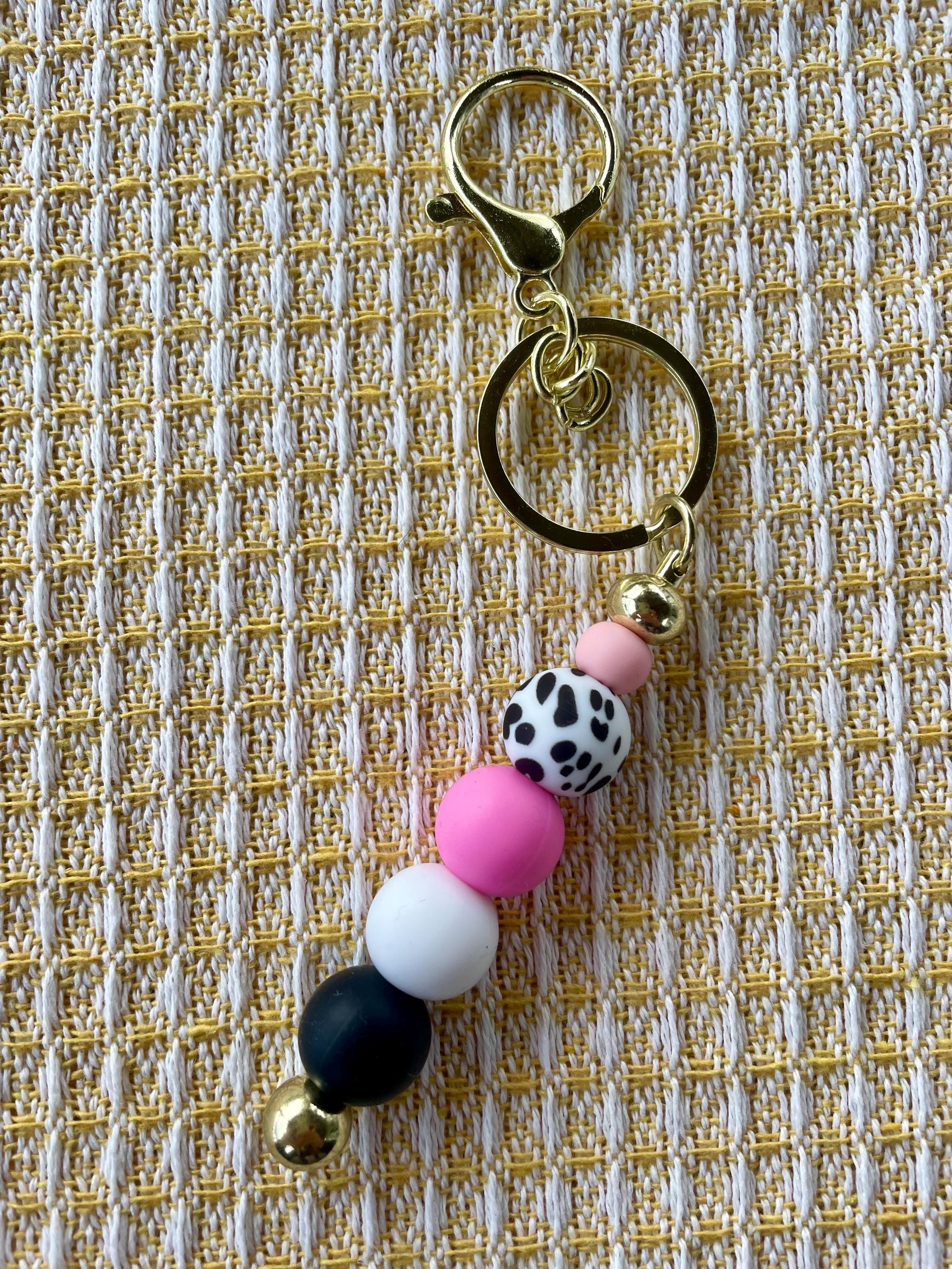 Pink Cowgirl Cow Print Beaded Keychain