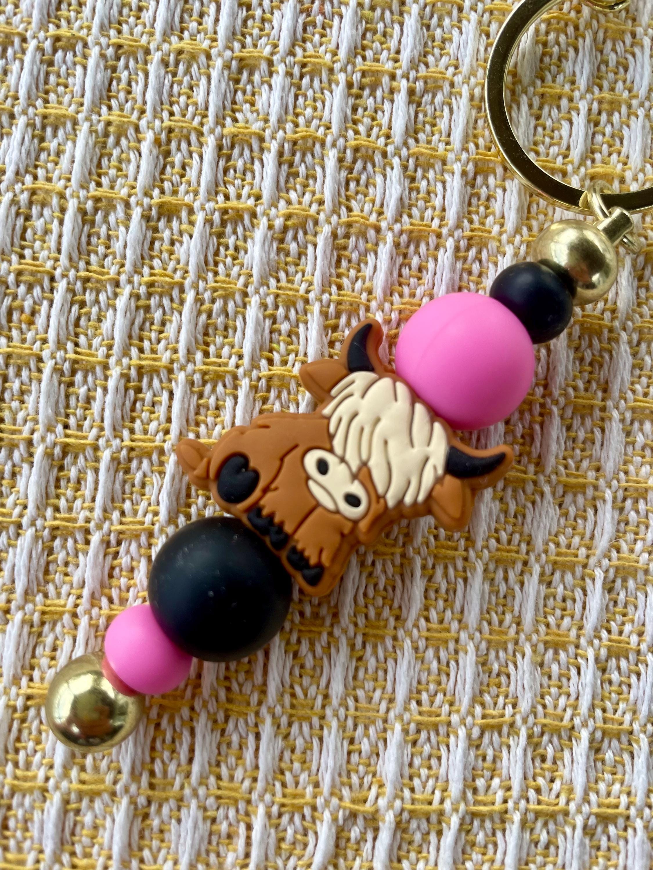 Highland Cow Pink Beaded Charm Keychain