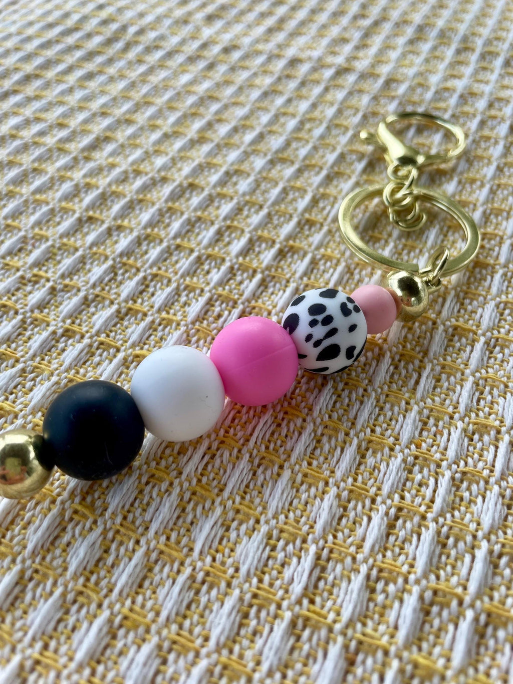 Pink Cowgirl Cow Print Beaded Keychain