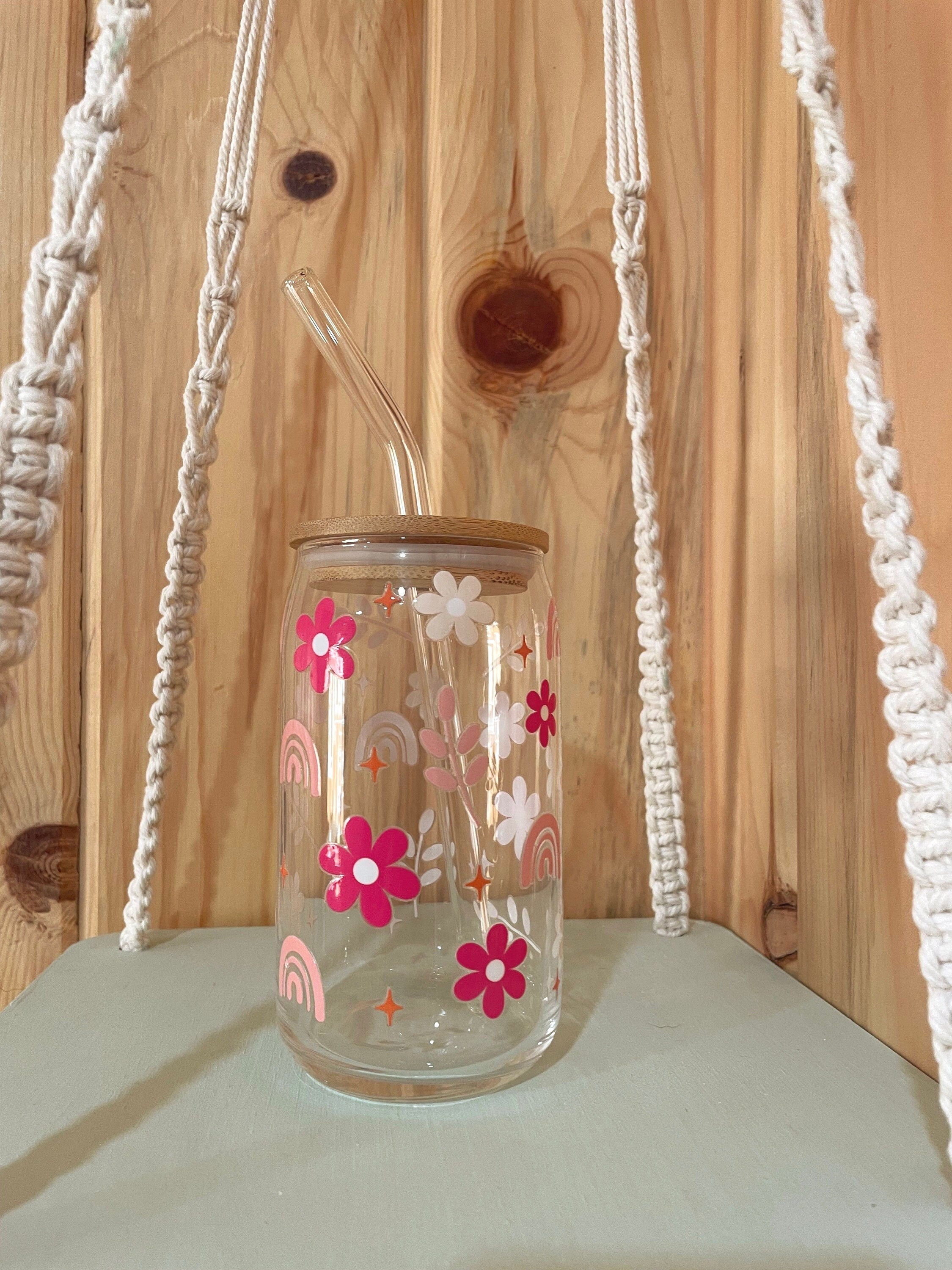 Pink Rainbow Floral 16 oz Beer Can Glass