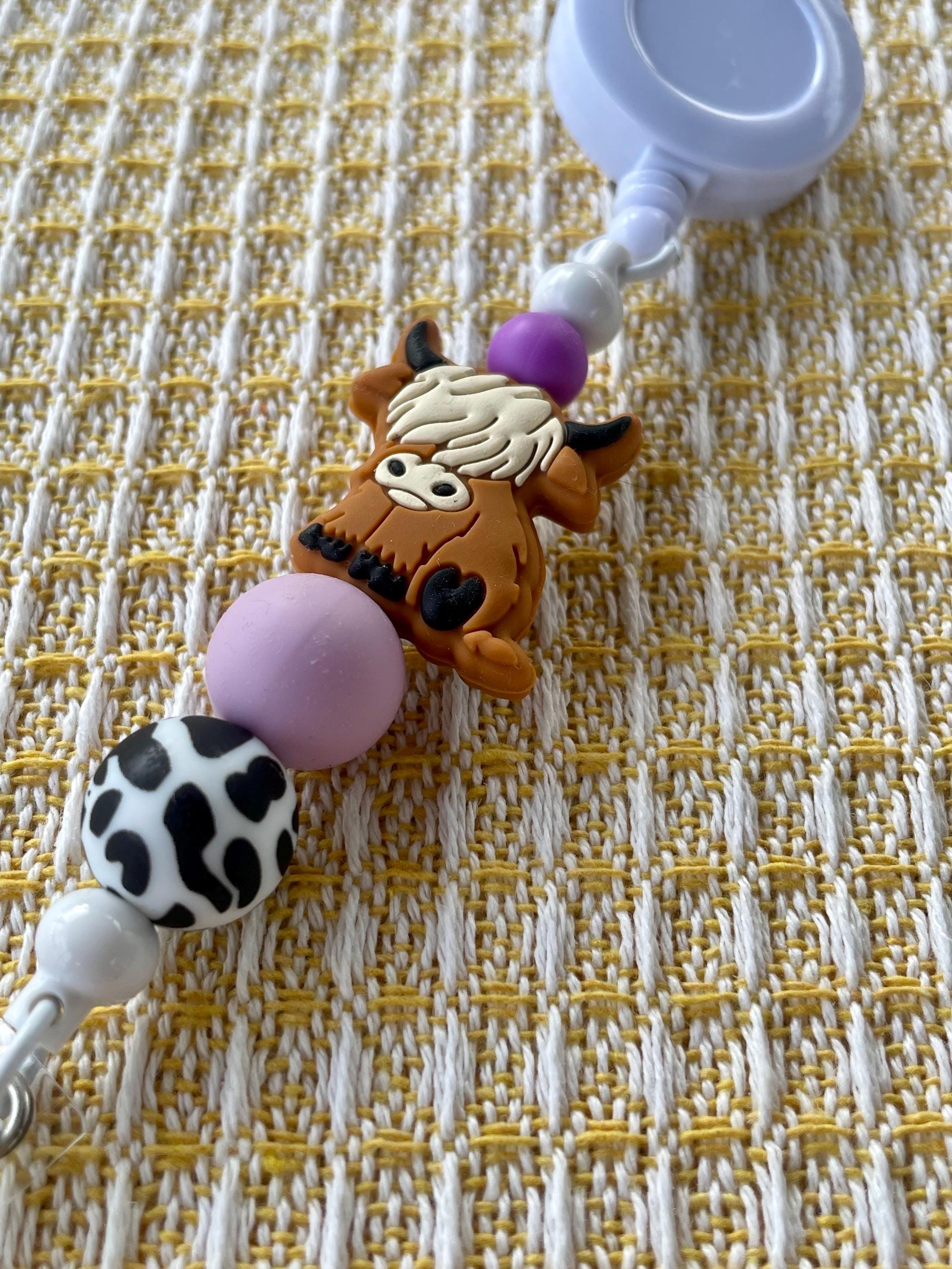 Purple Highland Cow Charm Beaded Badge Reel