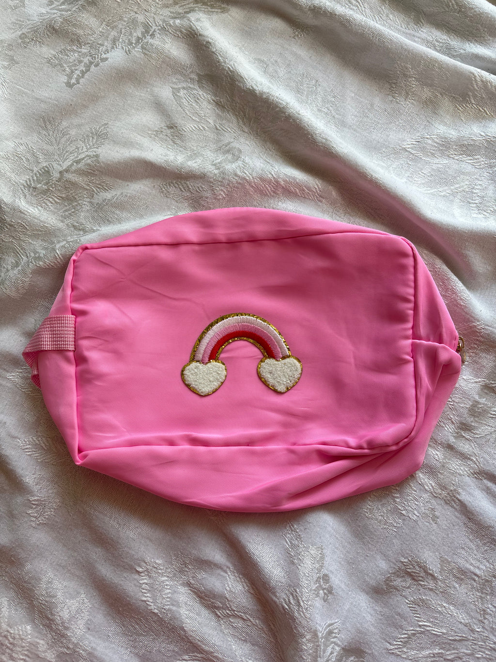 Bubblegum Pink Rainbow Patch Makeup Bag - Large