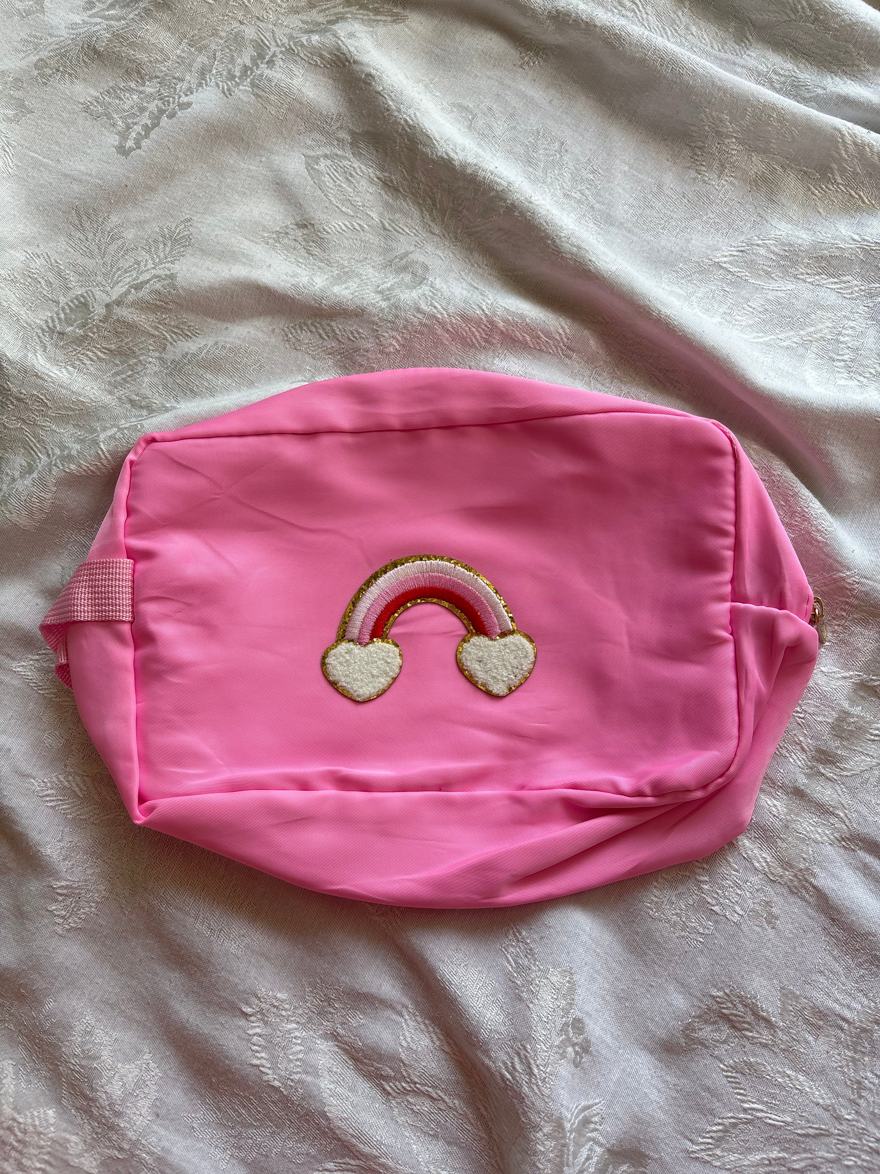 Bubblegum Pink Rainbow Patch Makeup Bag - Large