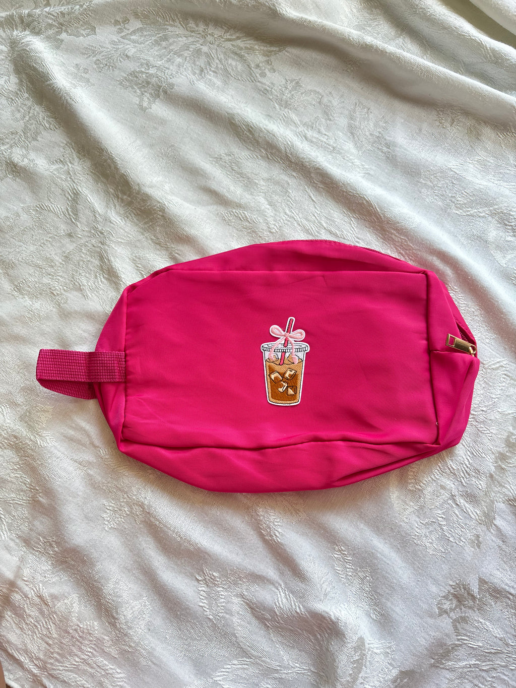 Hot Pink Iced Coffee Patch Makeup Bag