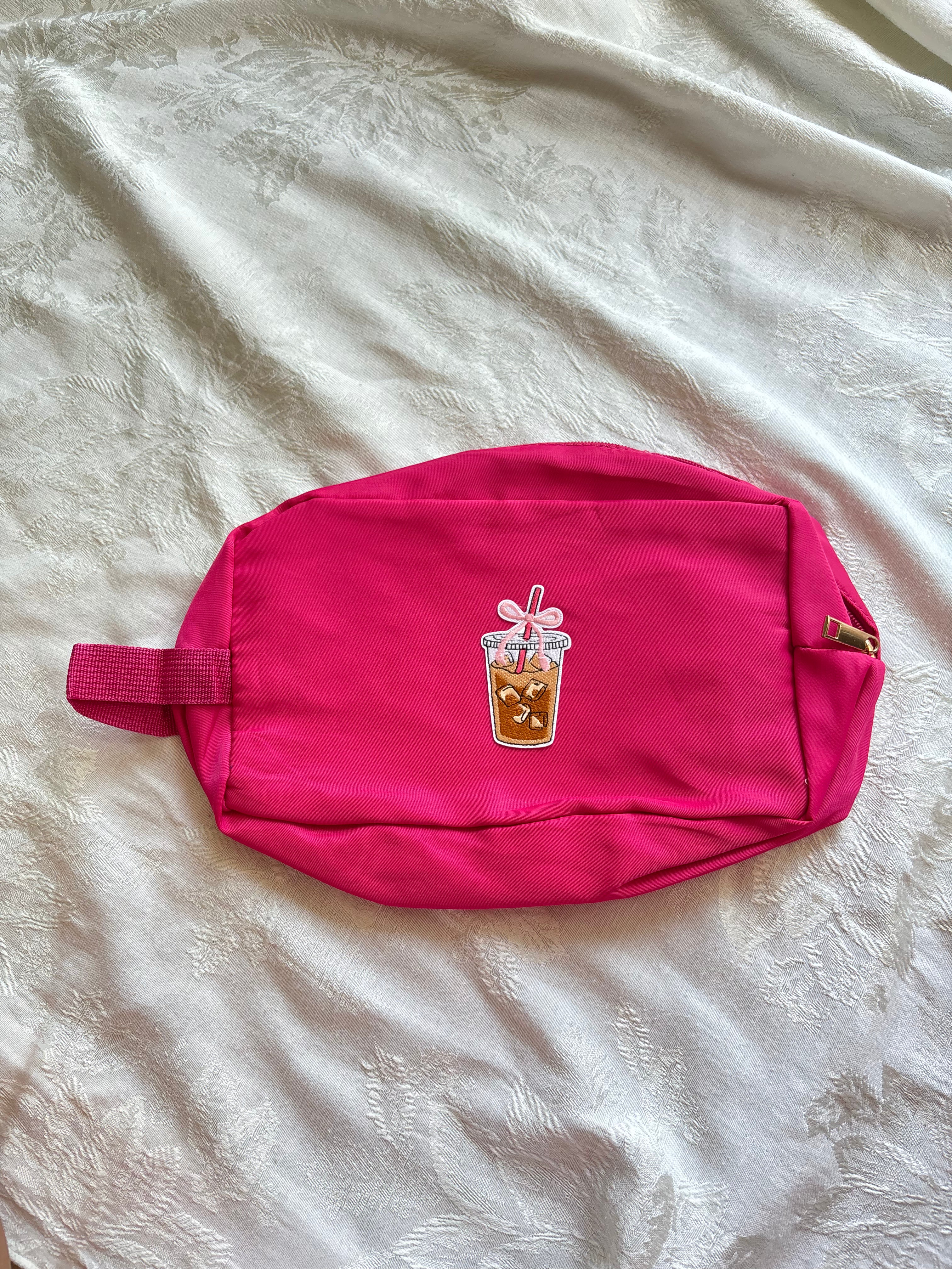 Hot Pink Iced Coffee Patch Makeup Bag