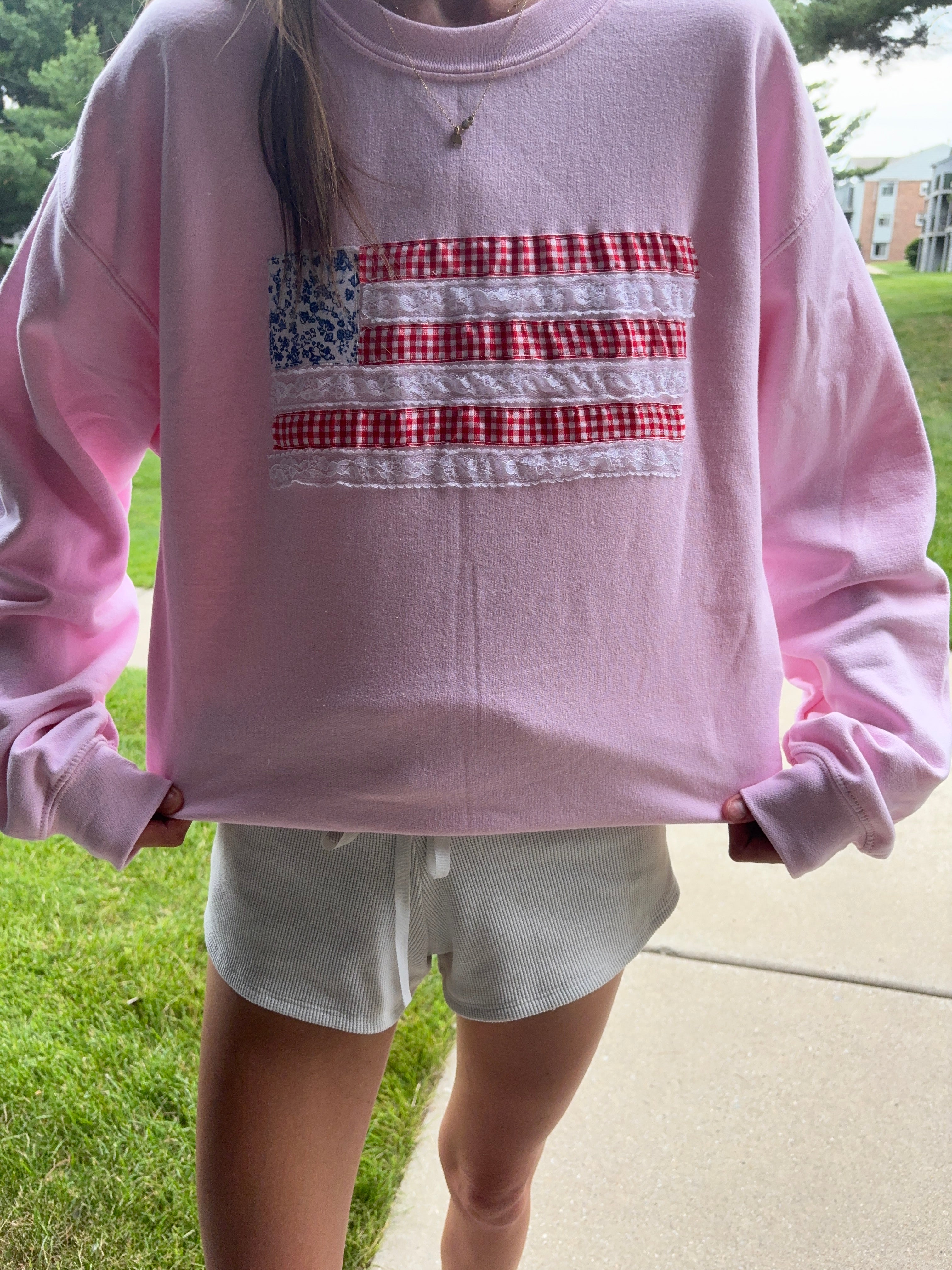American Flag Fabric Crewneck Pink