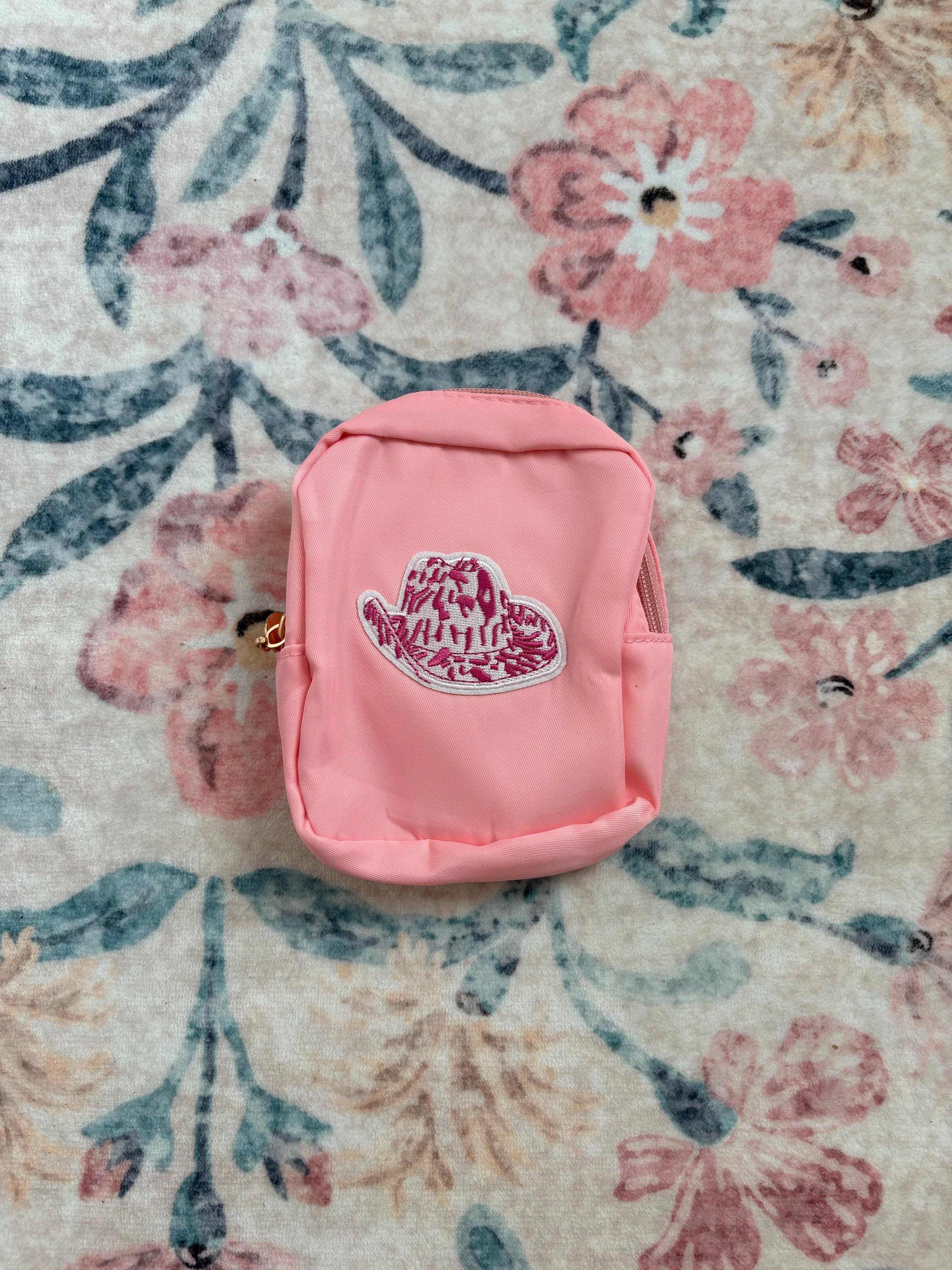 Mini Square Peach Cosmetic Bag – Pink Cowprint Cowgirl Hat Patch Makeup Pouch
