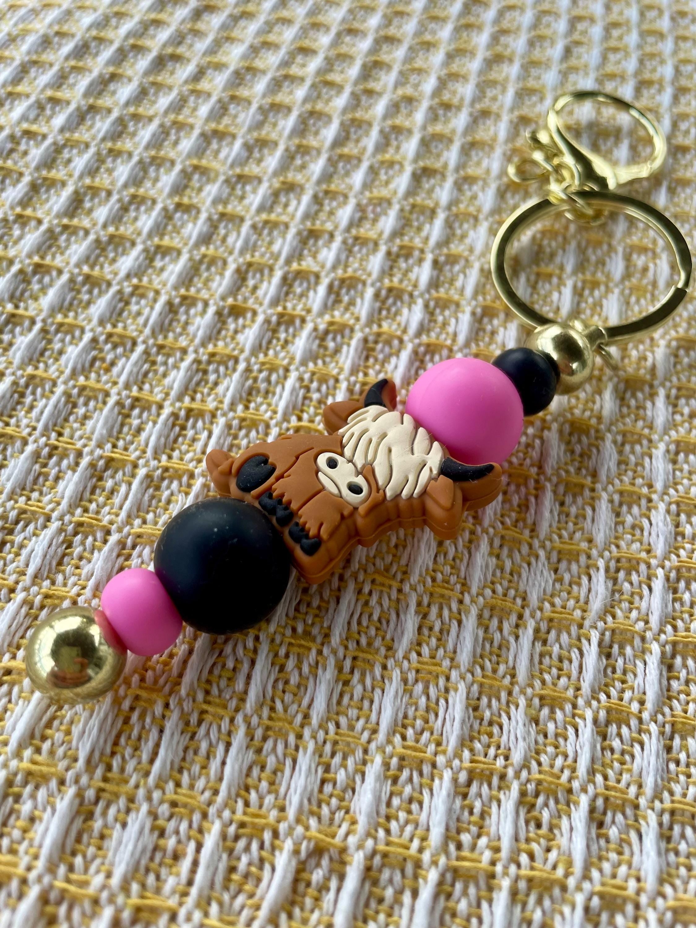 Highland Cow Pink Beaded Charm Keychain