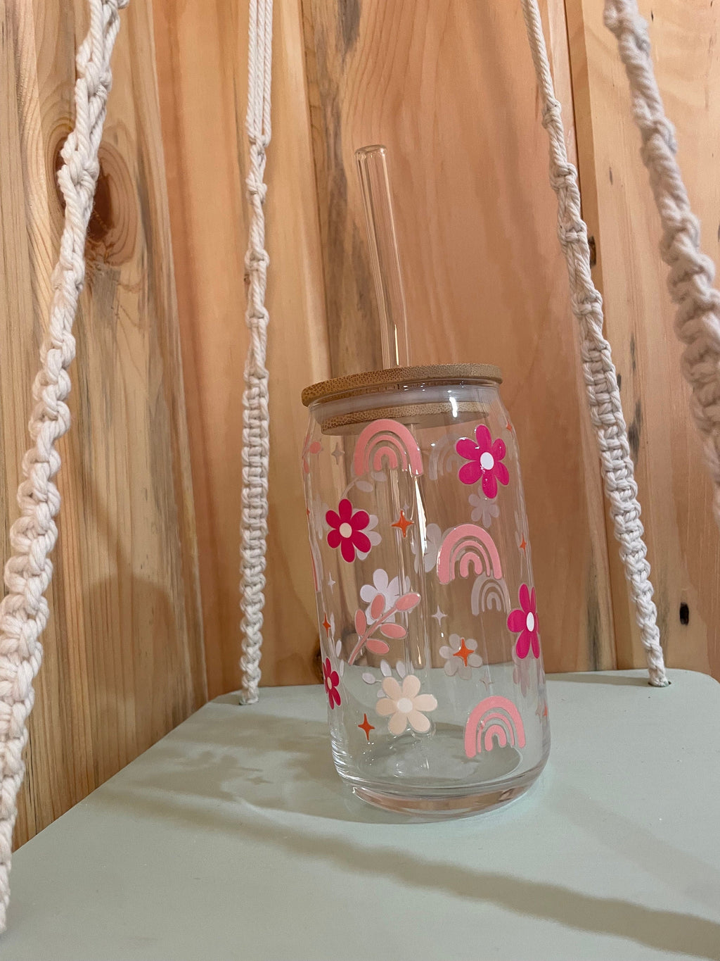 Pink Rainbow Floral 16 oz Beer Can Glass