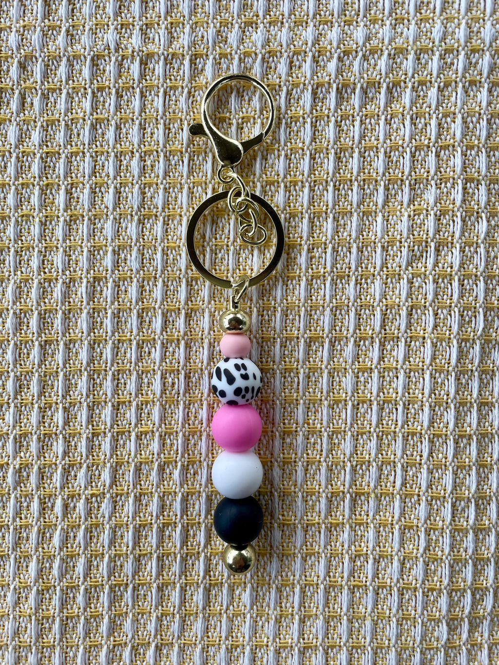 Pink Cowgirl Cow Print Beaded Keychain
