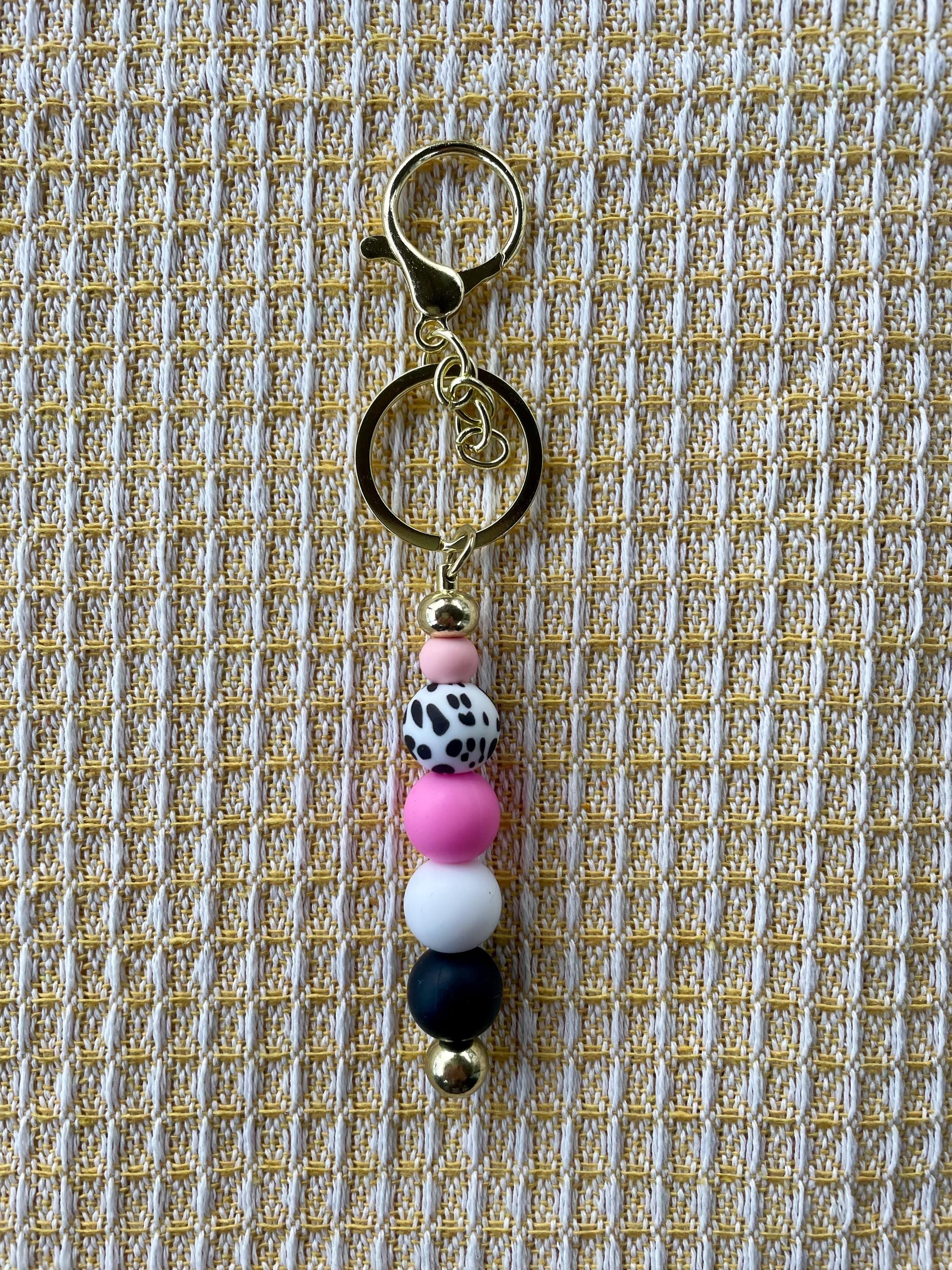 Pink Cowgirl Cow Print Beaded Keychain
