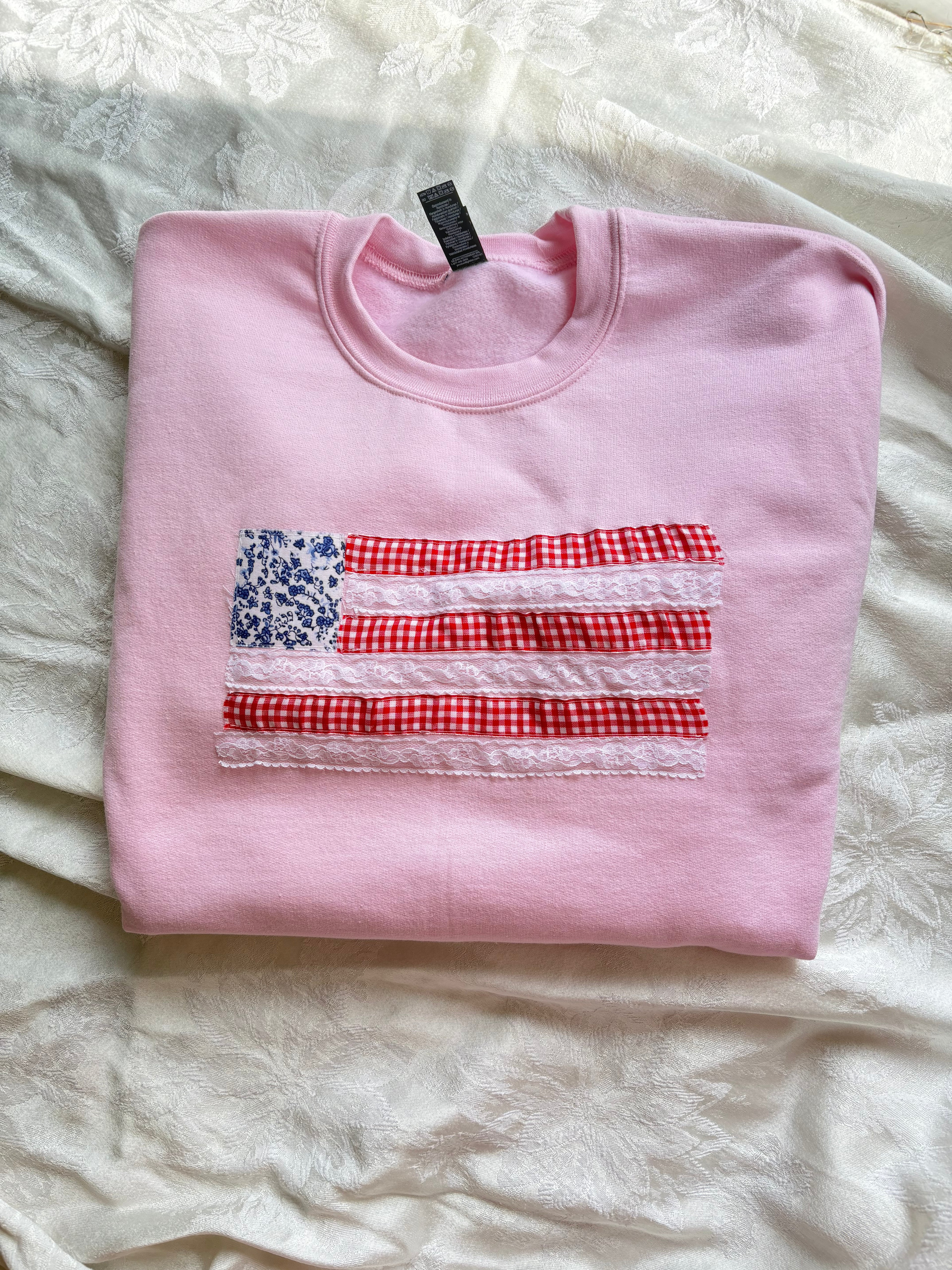 American Flag Fabric Crewneck Pink