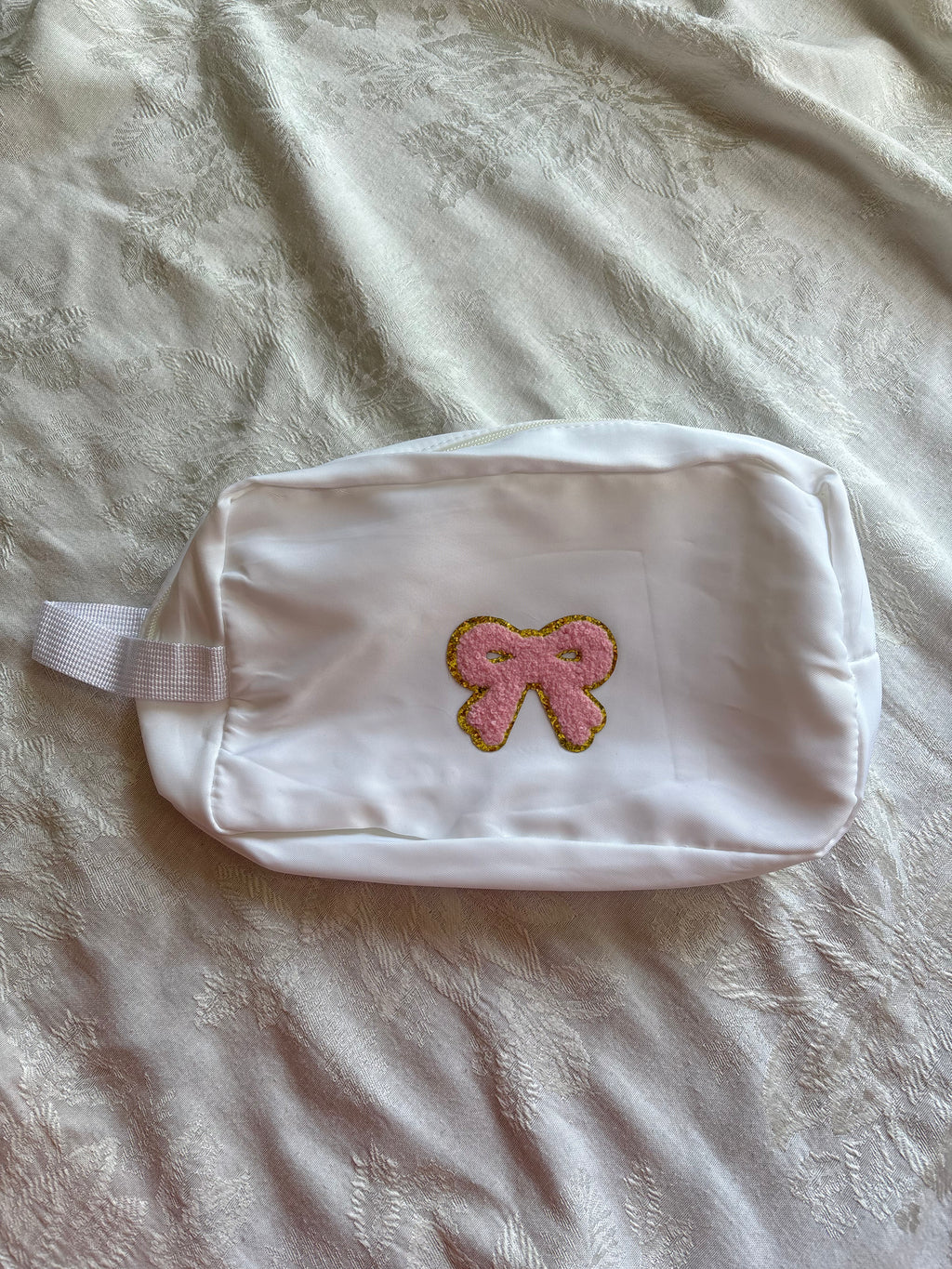 Pink Bow Patch on White Makeup Bag