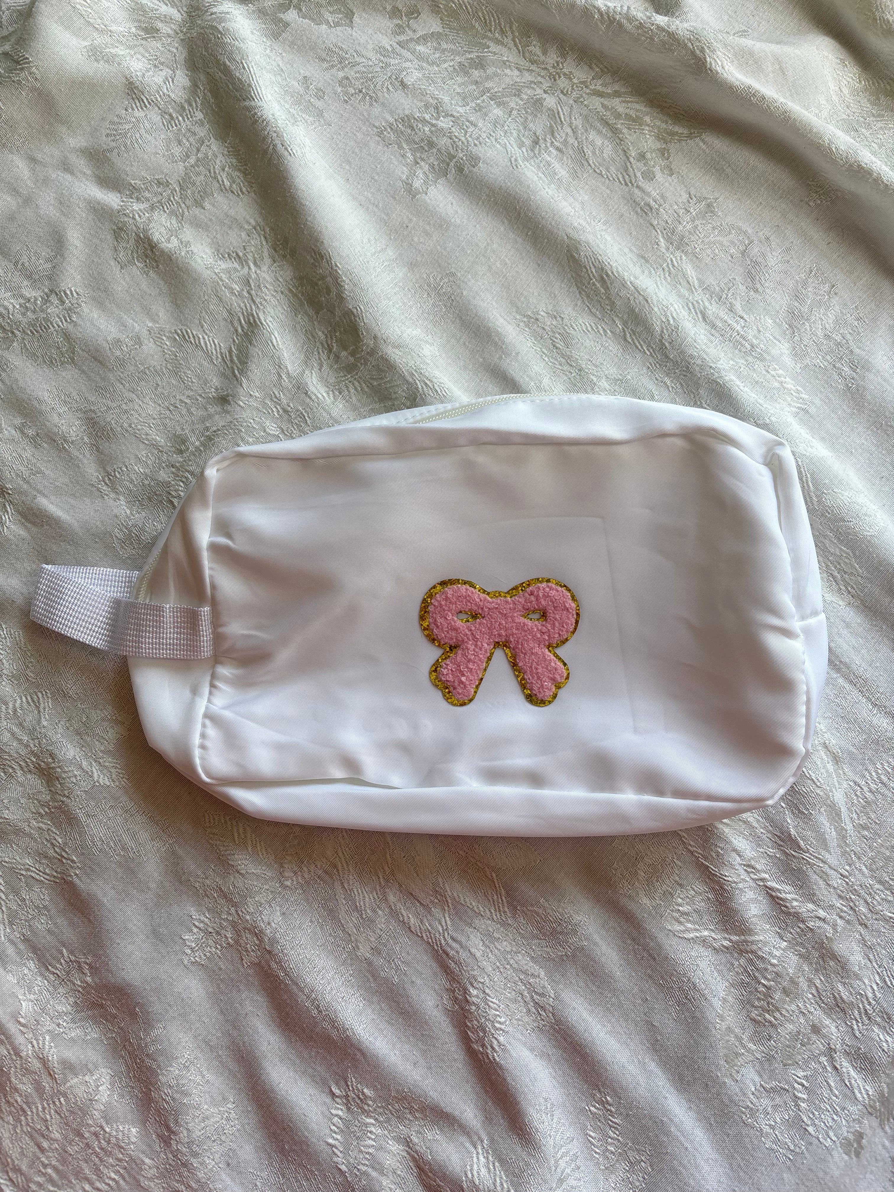 Pink Bow Patch on White Makeup Bag